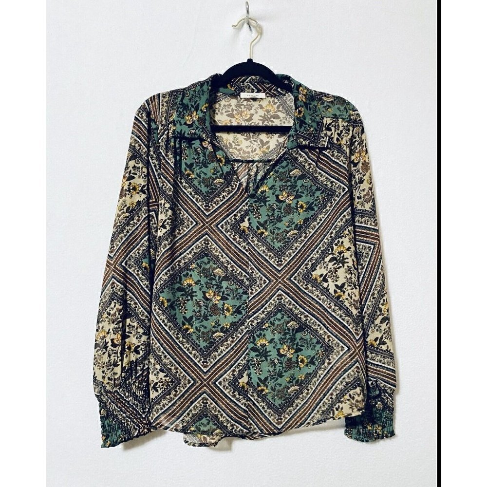 Pleione Womens Medium Floral Print Smocked Long Sleeve Pullover Top Y2K